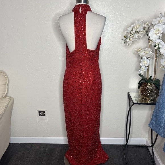 Scala Vintage 80s Red Beaded Sequin Slit Evening Dress Gown L - Picture 3 of 9